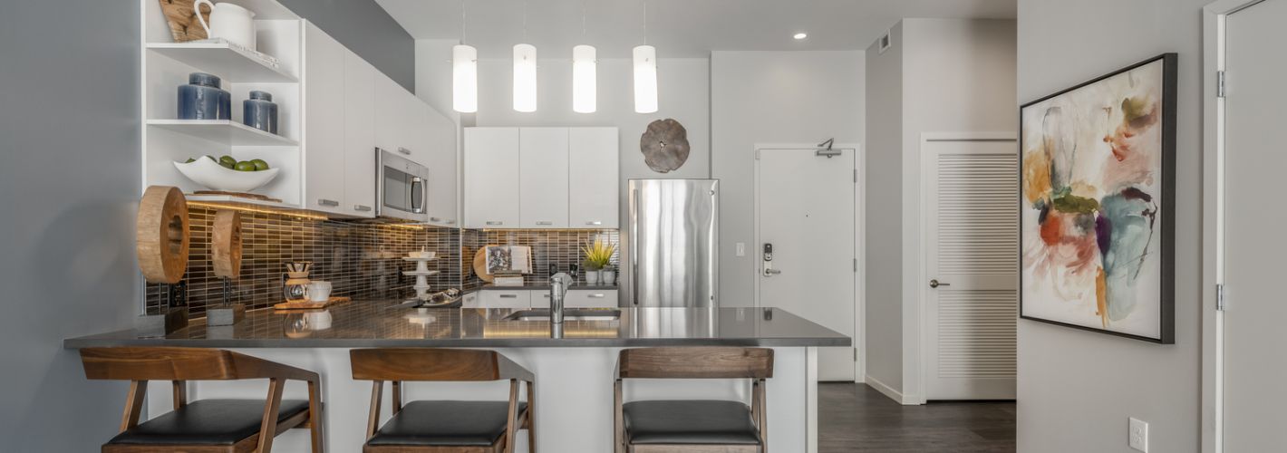 Kitchen and front door view in apartments.