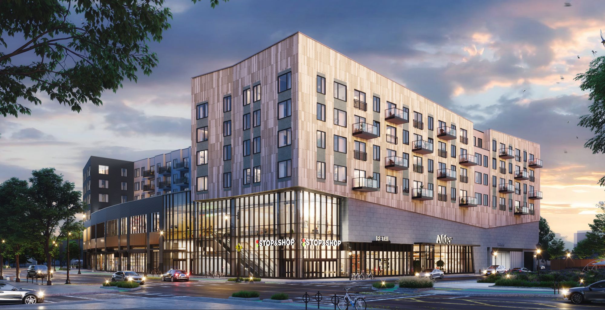 Rendering of Alder apartments at night