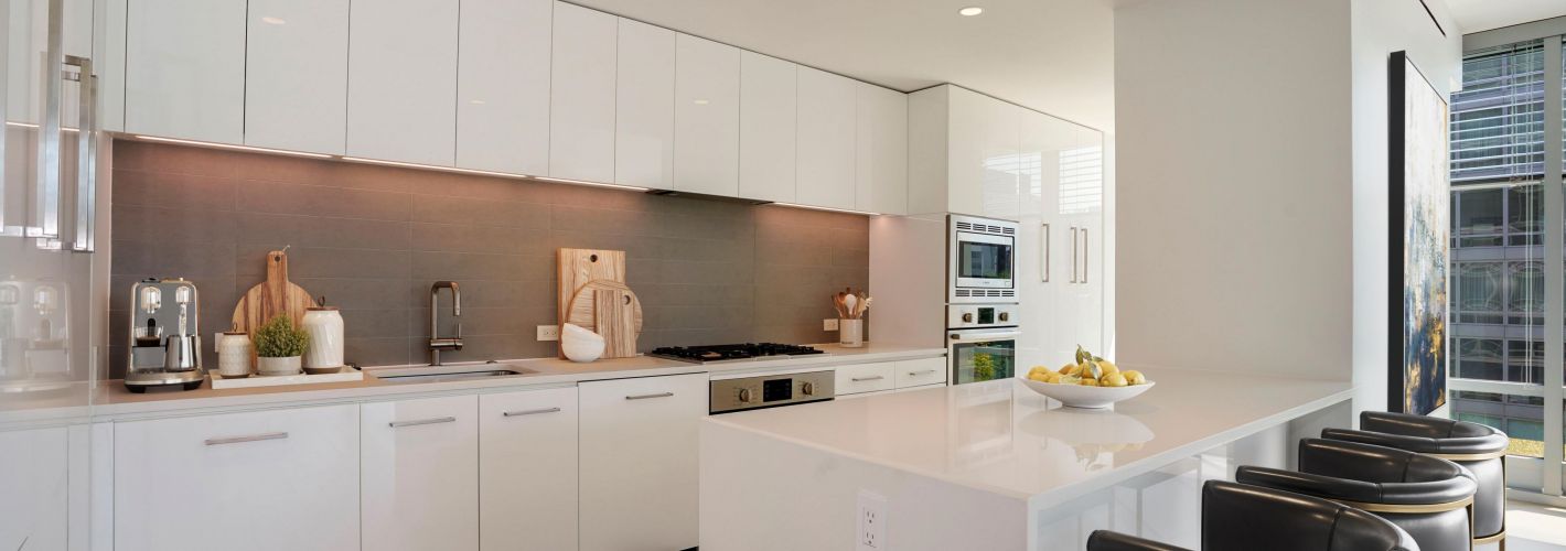 Wide view of expansive kitchen and kitchen island